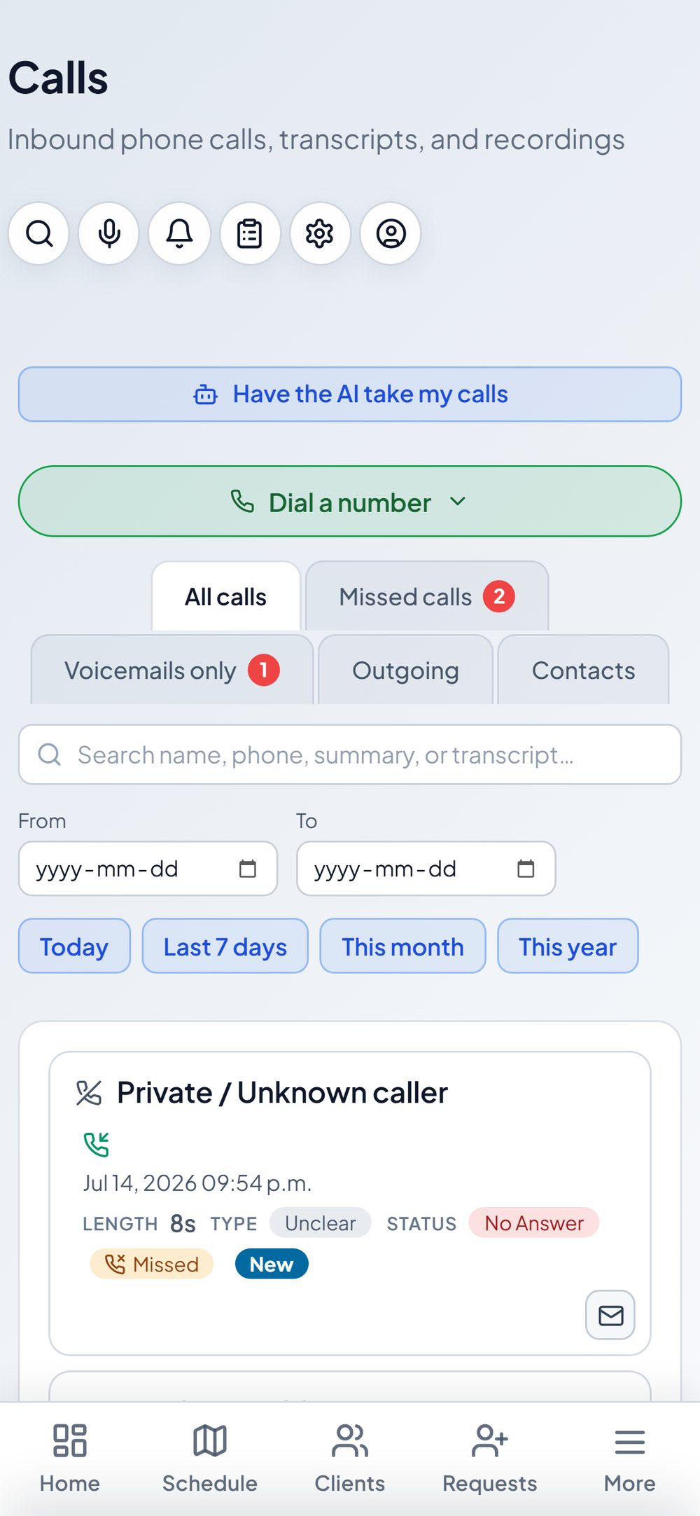 Calls screen with an option to have the AI take calls, plus transcripts and recordings