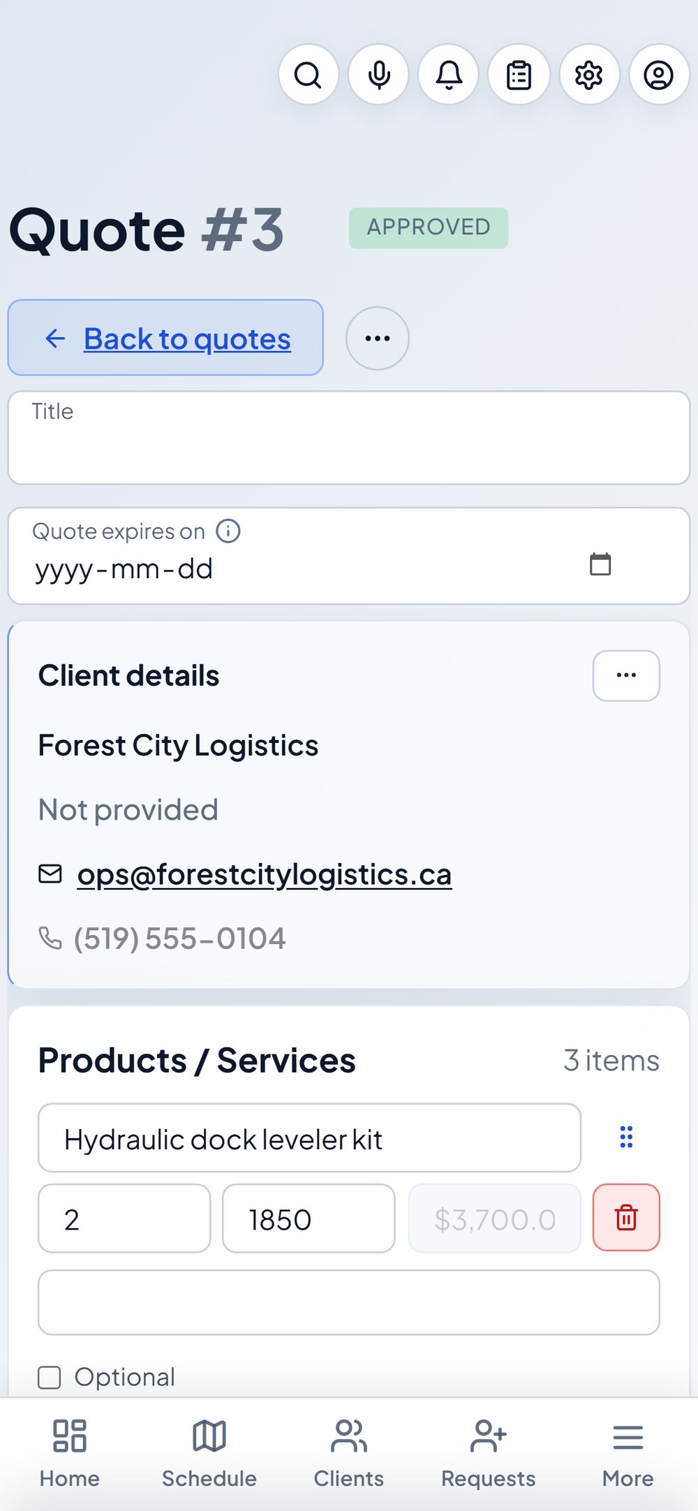An approved quote with client details and priced line items