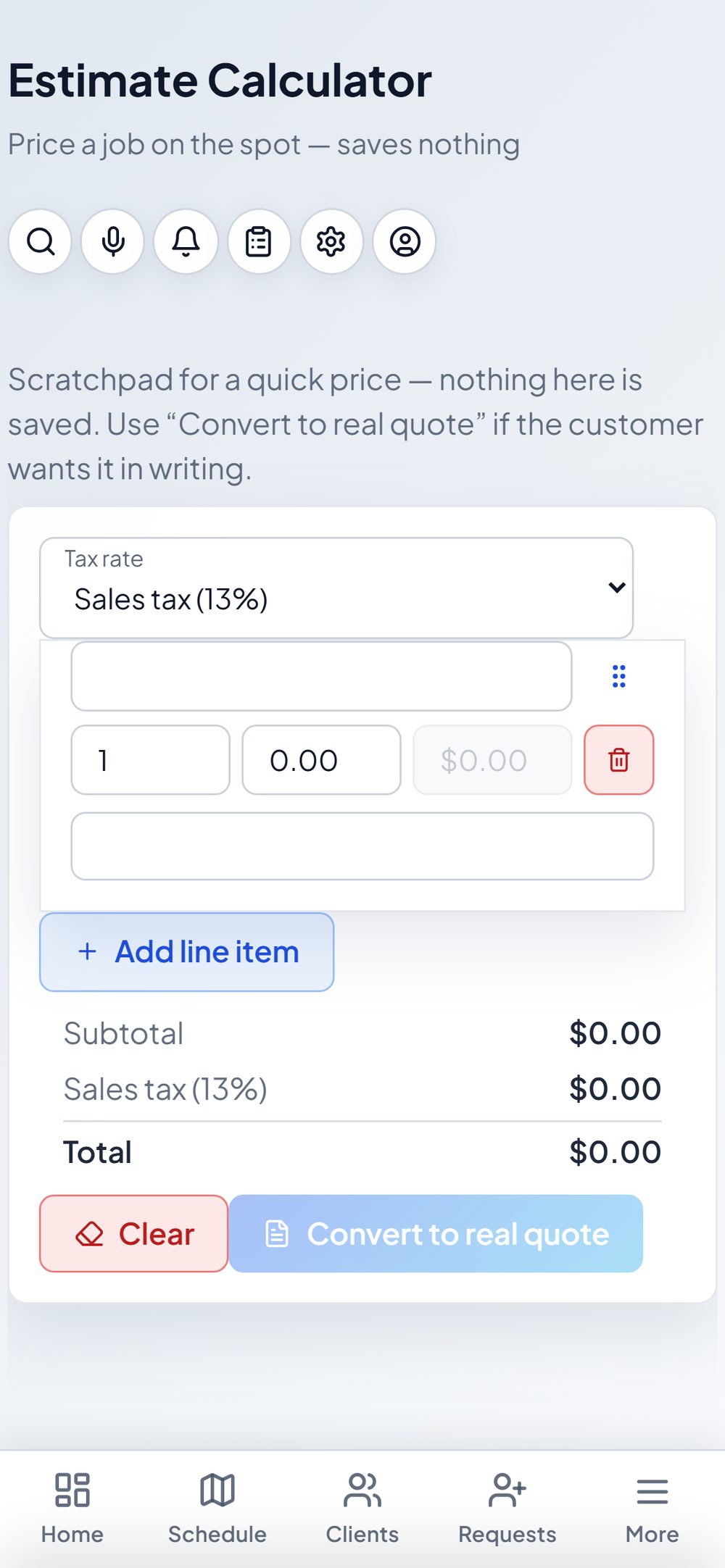 Estimate calculator pricing a job on the spot with tax and a convert-to-quote action