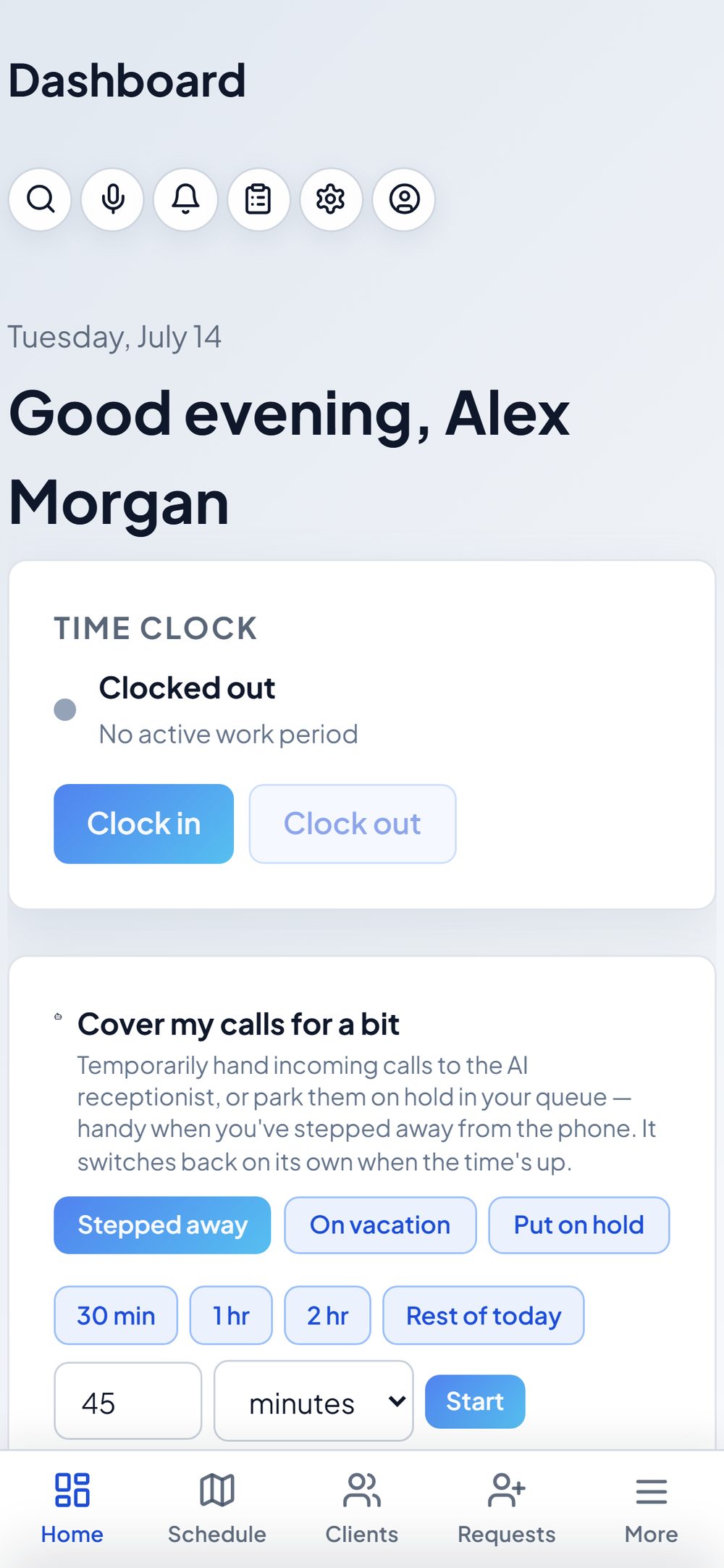 Astragal home on mobile with a time clock and a control to hand incoming calls to the AI receptionist