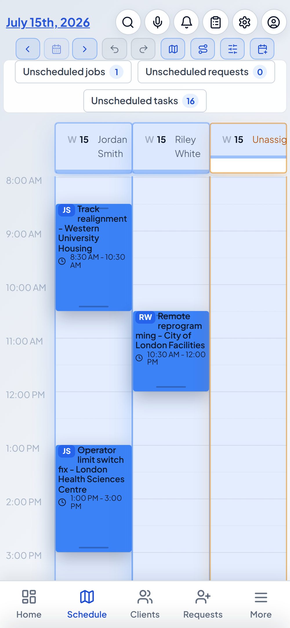 Schedule board on mobile showing jobs assigned to technicians across the day