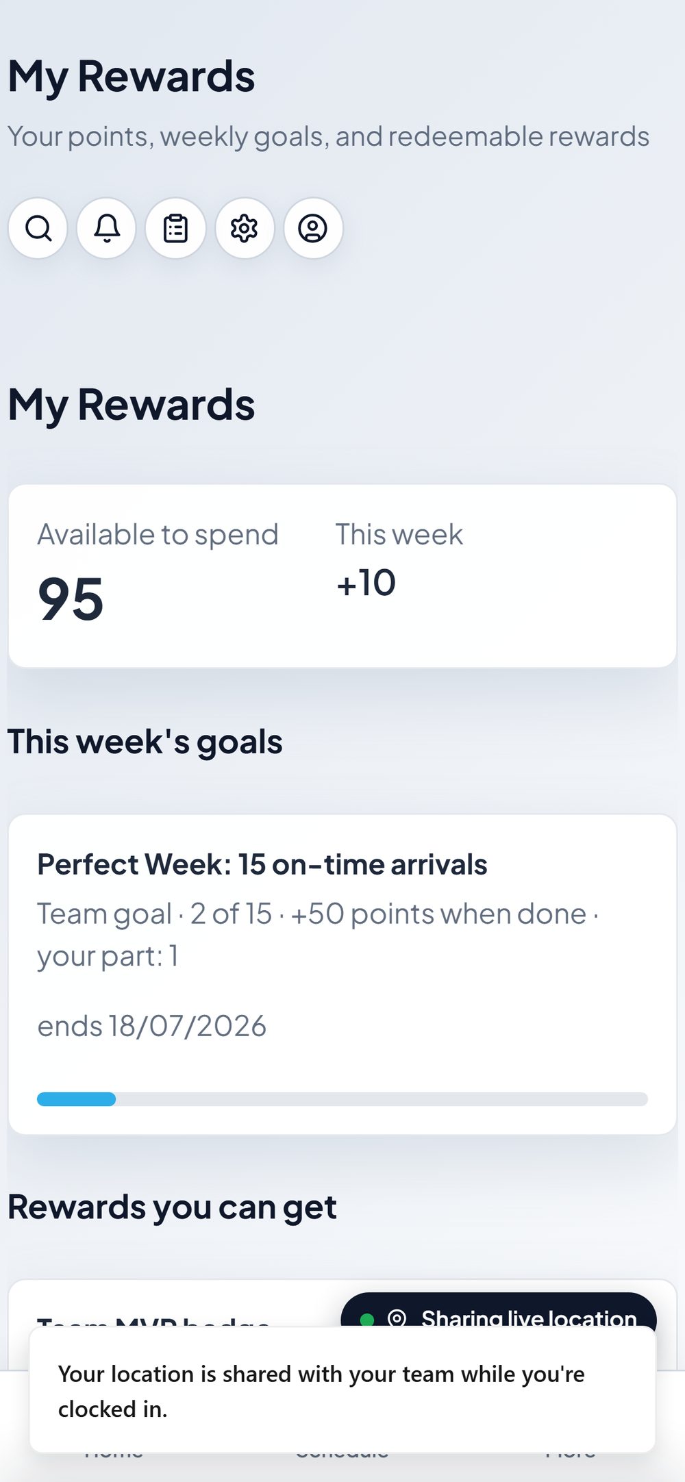 My Rewards with points to spend and weekly team goals