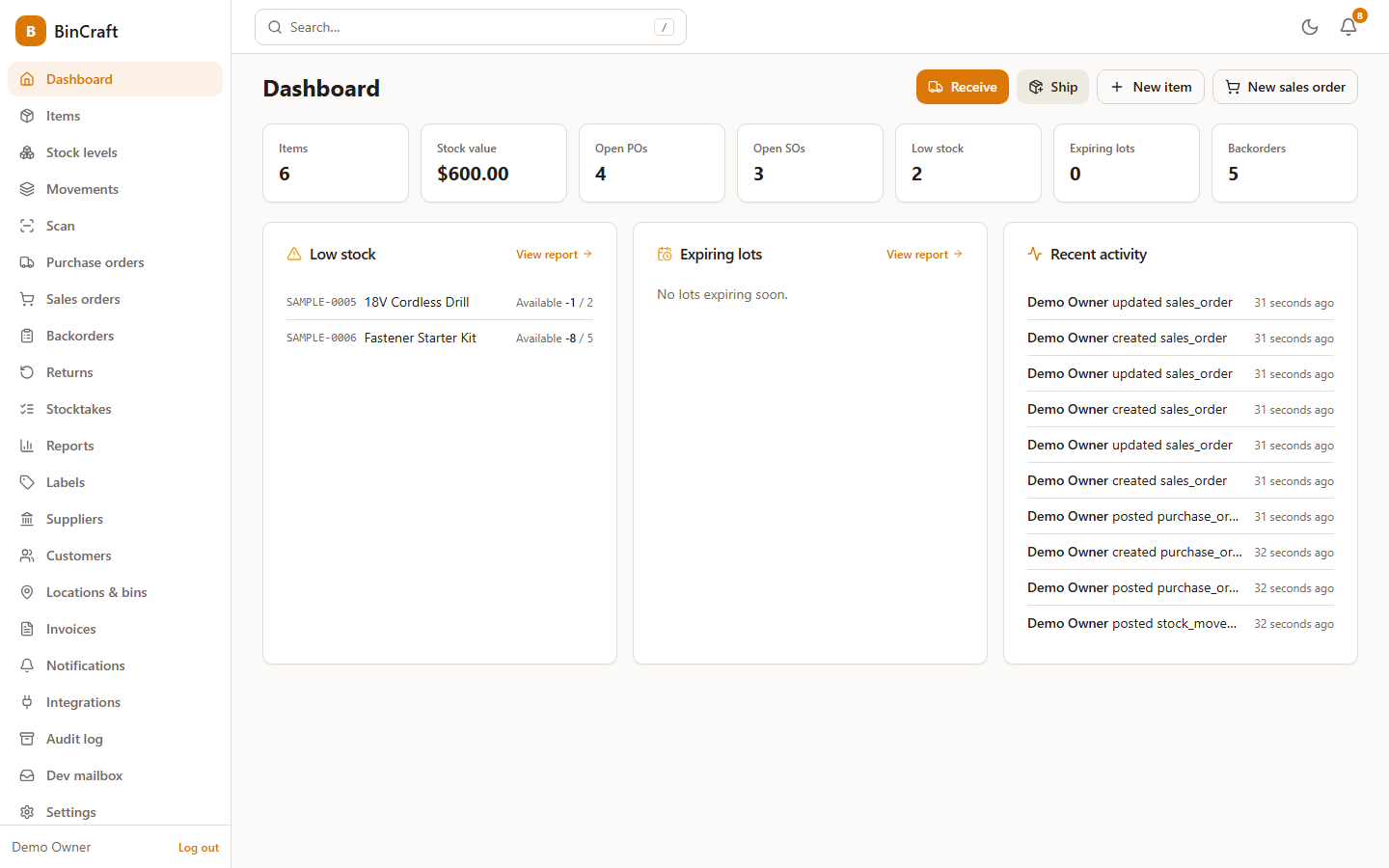 BinCraft dashboard with stock value, open purchase and sales orders, low-stock and backorder counts, and a recent-activity feed