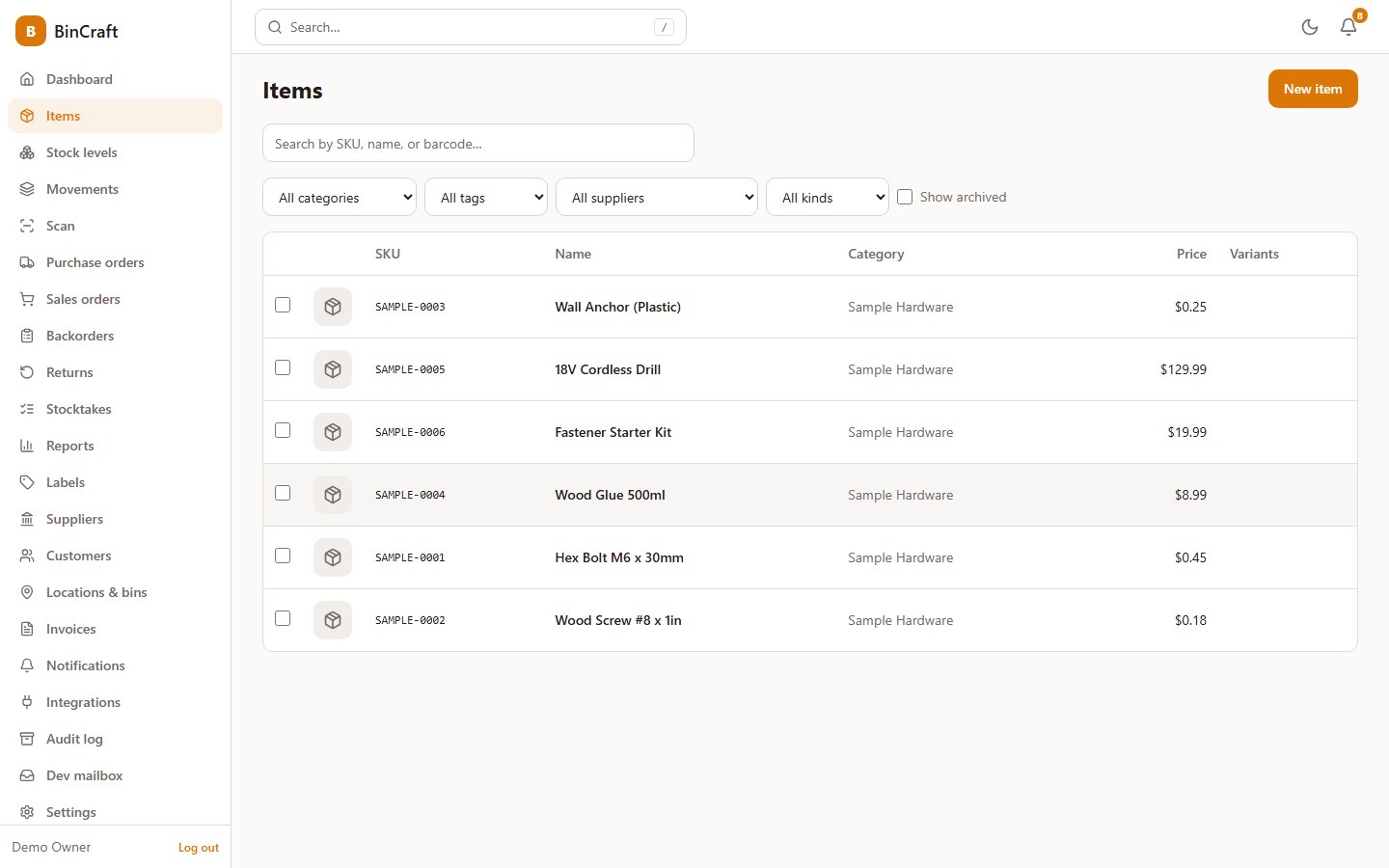 Item catalog with SKUs, categories, prices and variant counts, plus category, tag and supplier filters