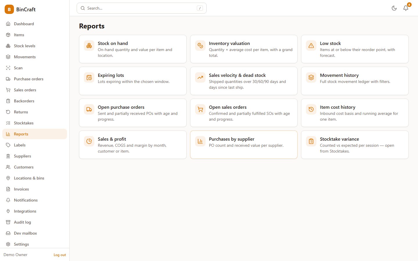 Reports workbench: stock on hand, valuation, low stock, expiring lots, sales velocity, cost history, open orders and stocktake variance