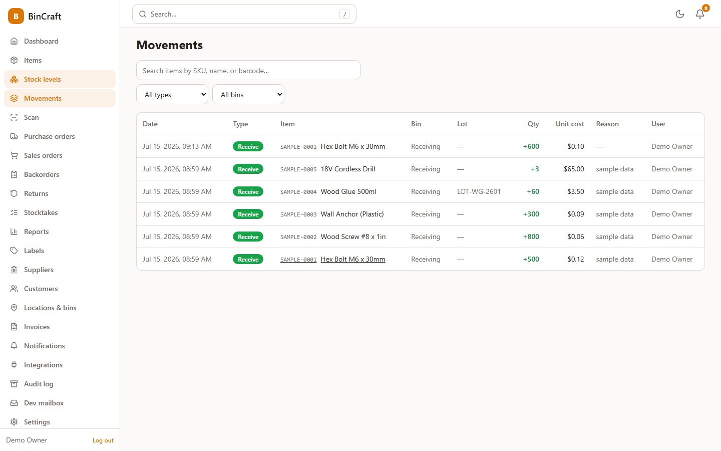Append-only stock movement ledger with receive rows, lot numbers, quantities, unit costs and the user who posted each