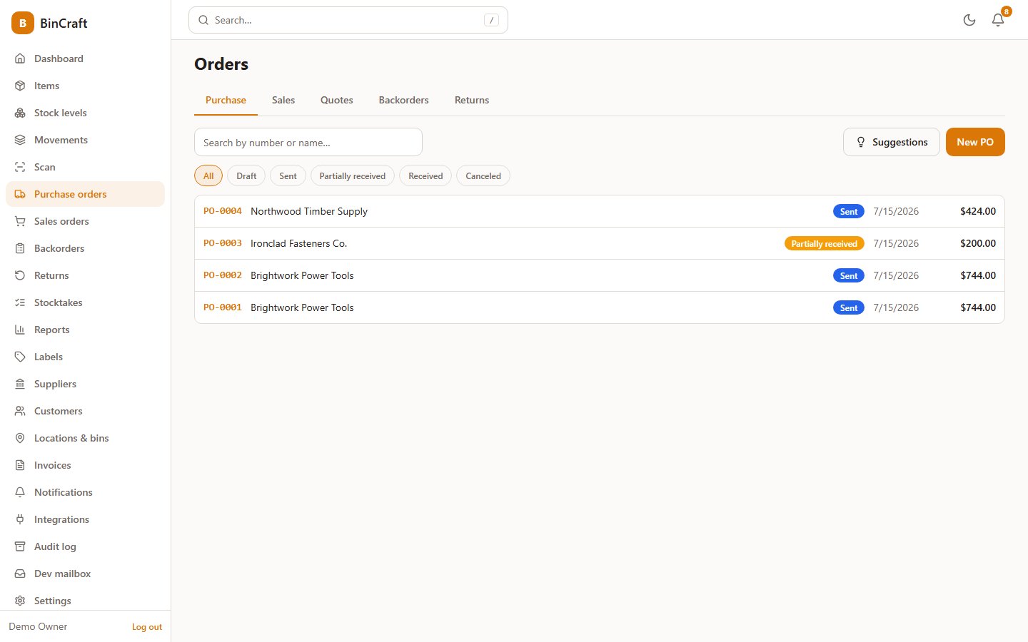 Purchase orders list showing sent and partially received POs to different suppliers with totals and statuses