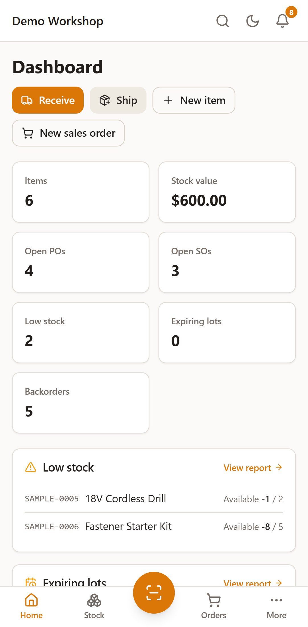 BinCraft dashboard on mobile with stock value, open orders, low-stock and backorder tiles and quick actions