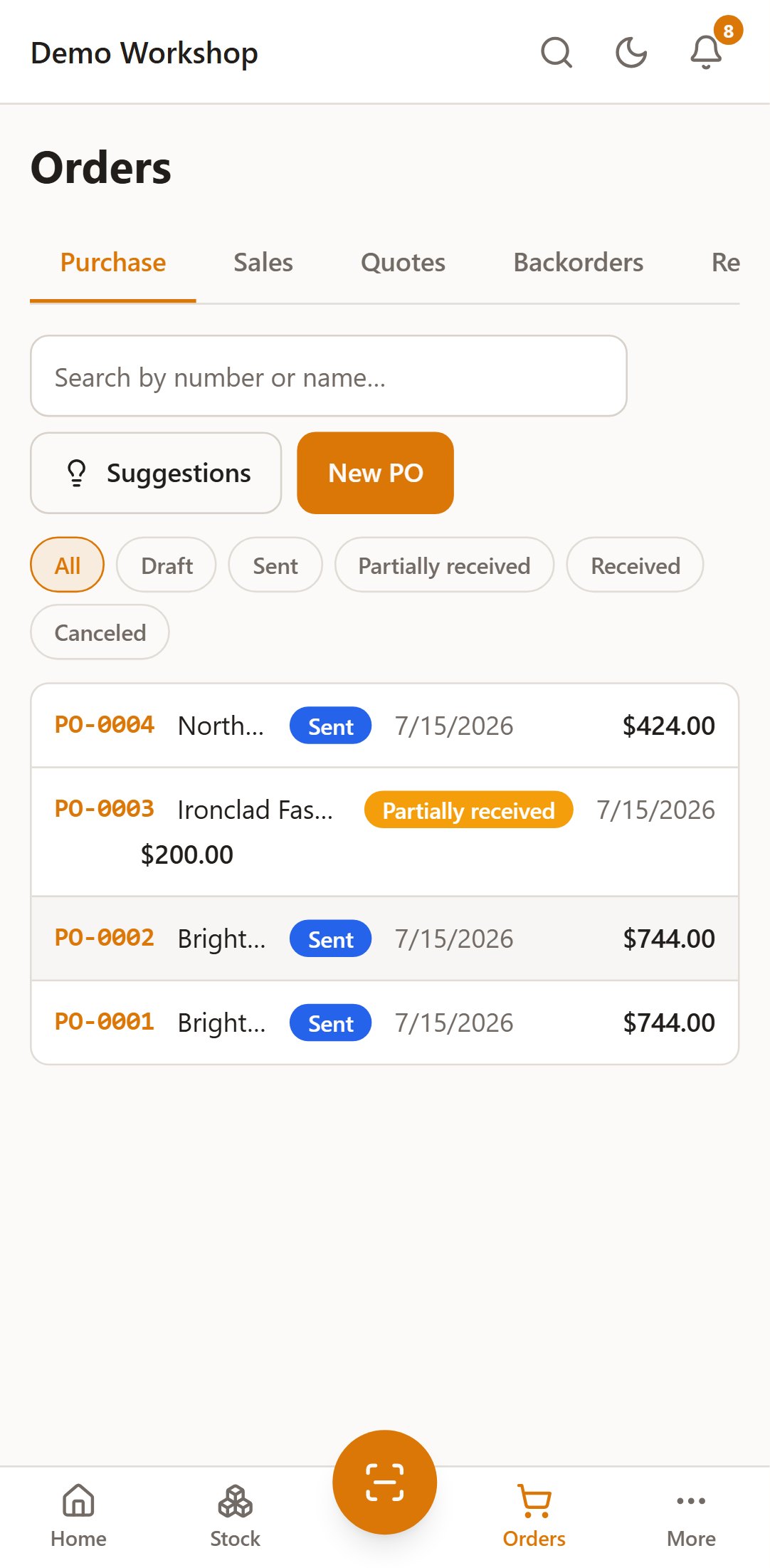 Mobile orders list with purchase orders in sent and partially received states, filters and a new PO button