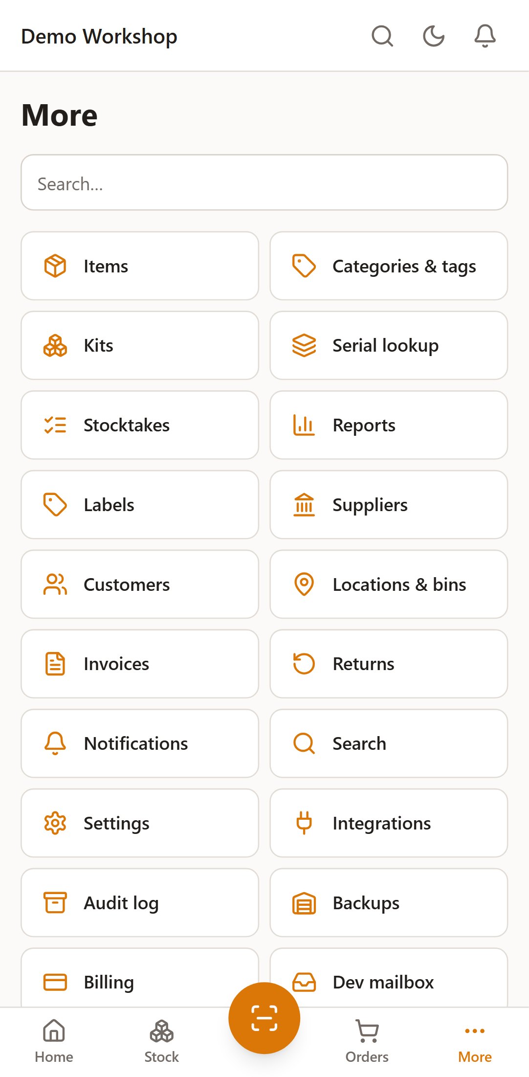 The More screen: kits, serial lookup, stocktakes, reports, labels, suppliers, customers, returns, integrations and backups