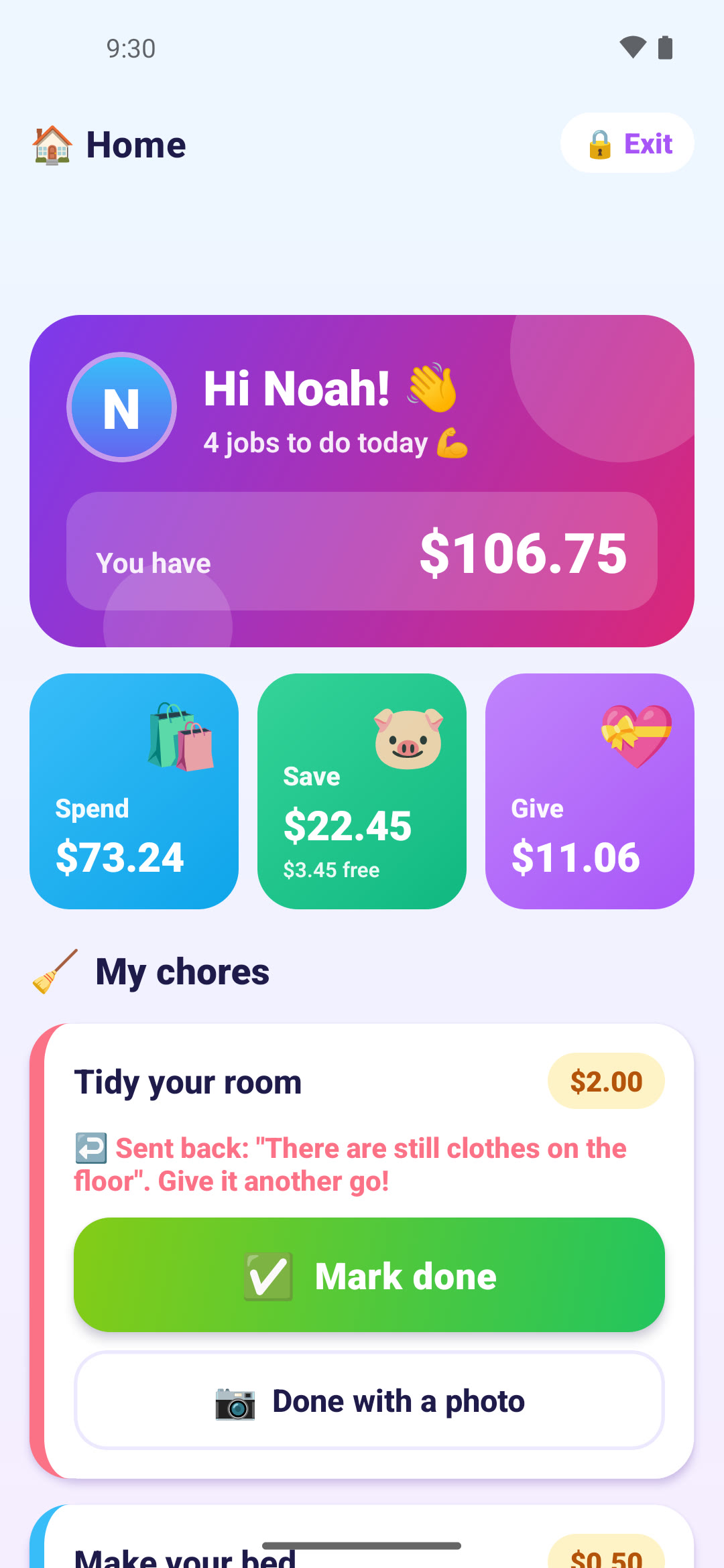 KACA kid home screen with a balance of $106.75, Spend, Save and Give jar cards, and a list of today's chores