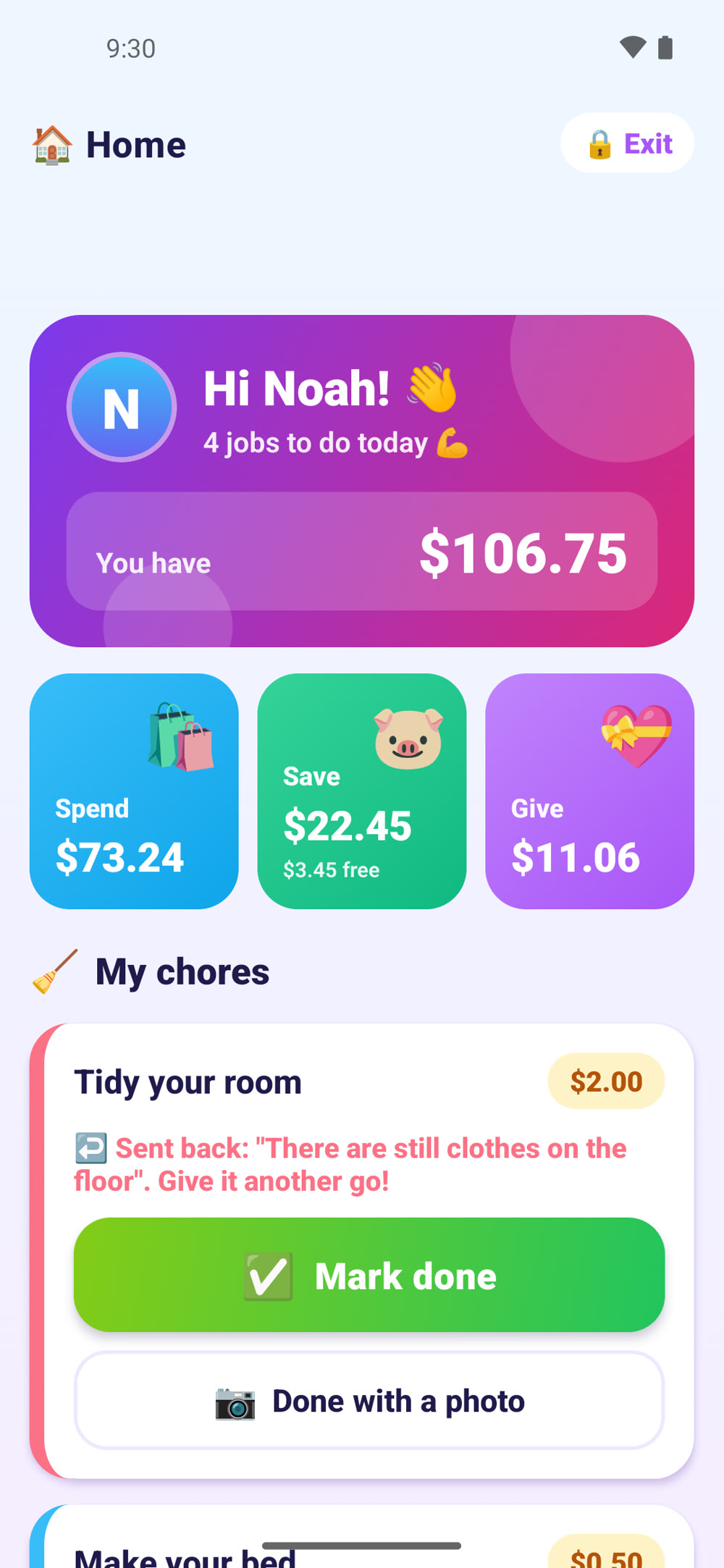 KACA kid home with a greeting, a total of $106.75, Spend, Save and Give jar cards and a chore that was sent back with a note