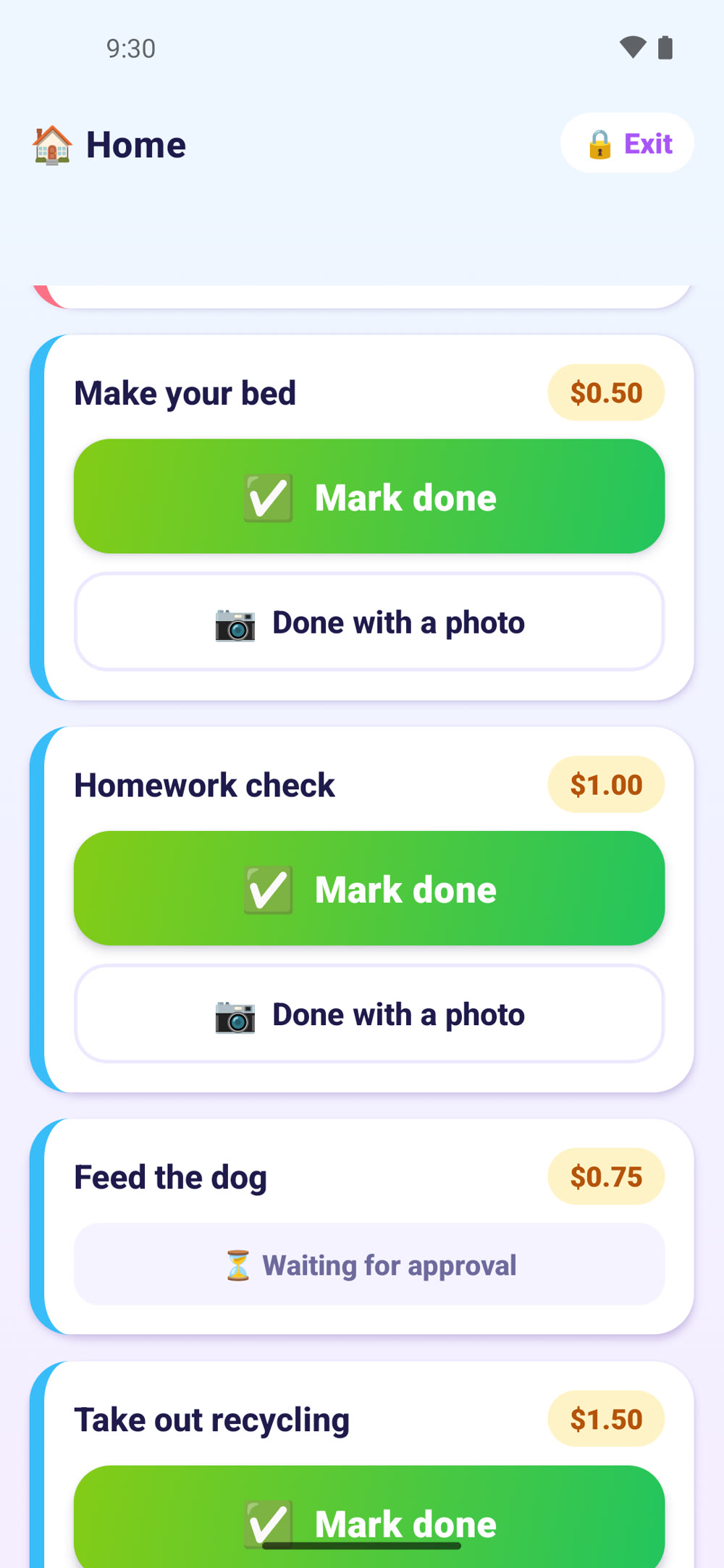 KACA kid chore list with Mark done and Done with a photo buttons, and one chore already waiting for approval