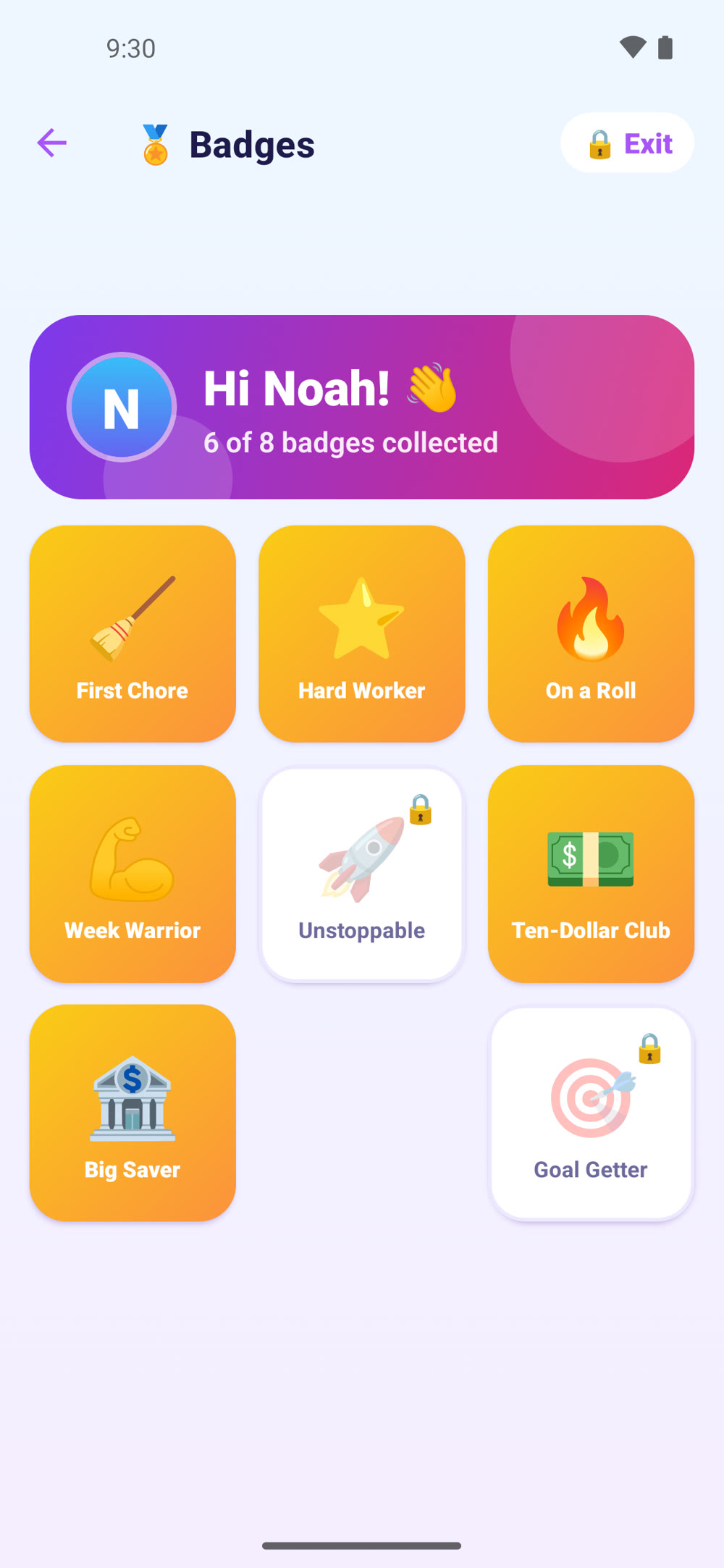 KACA badges grid showing six earned badges in gold and two still locked behind a padlock