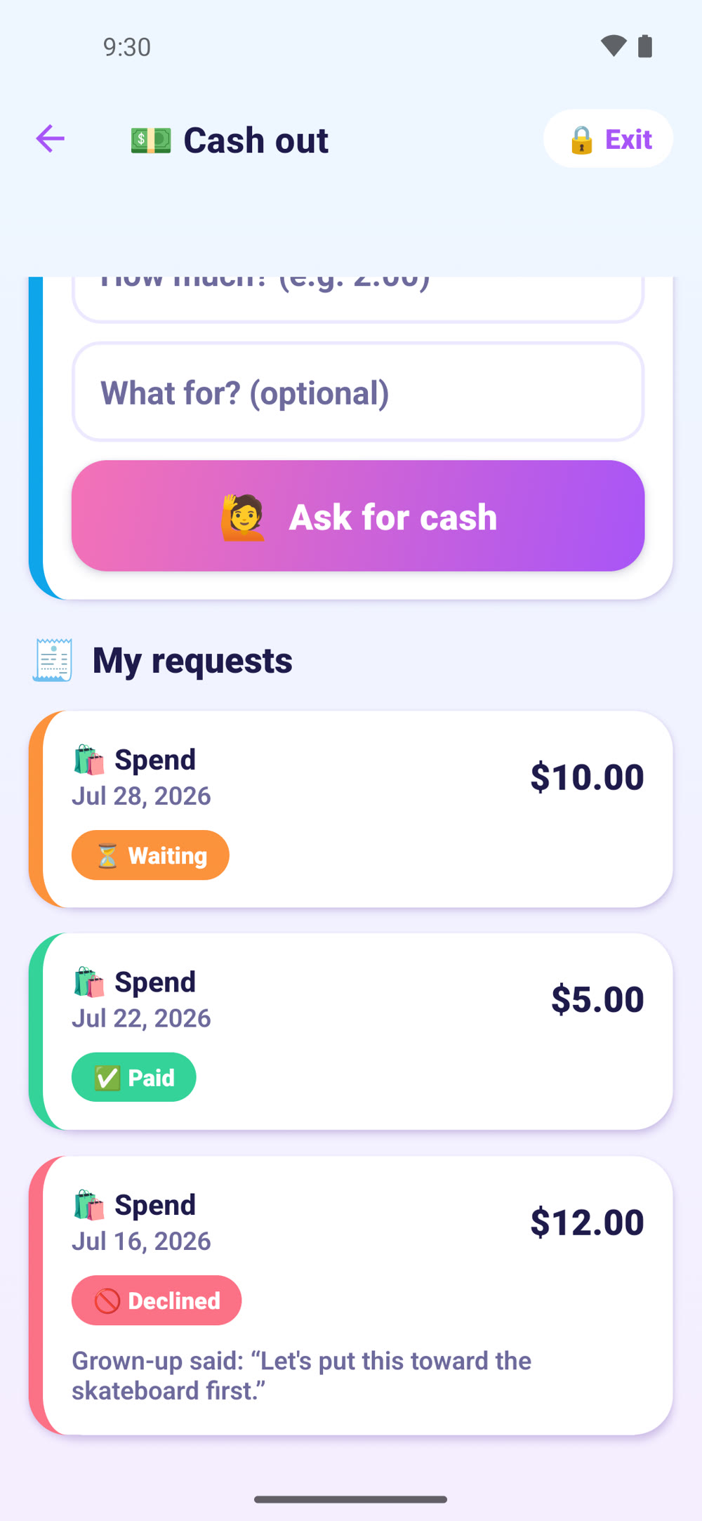 KACA cash-out requests showing waiting, paid and declined pills, with the parent's note on the declined request