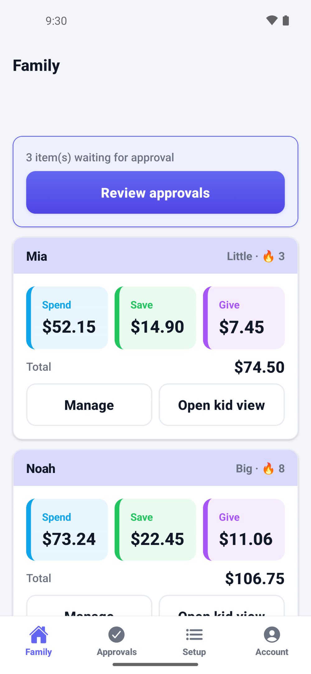 KACA family overview with an approvals alert and a card for each kid showing Spend, Save and Give balances, a total and a chore streak