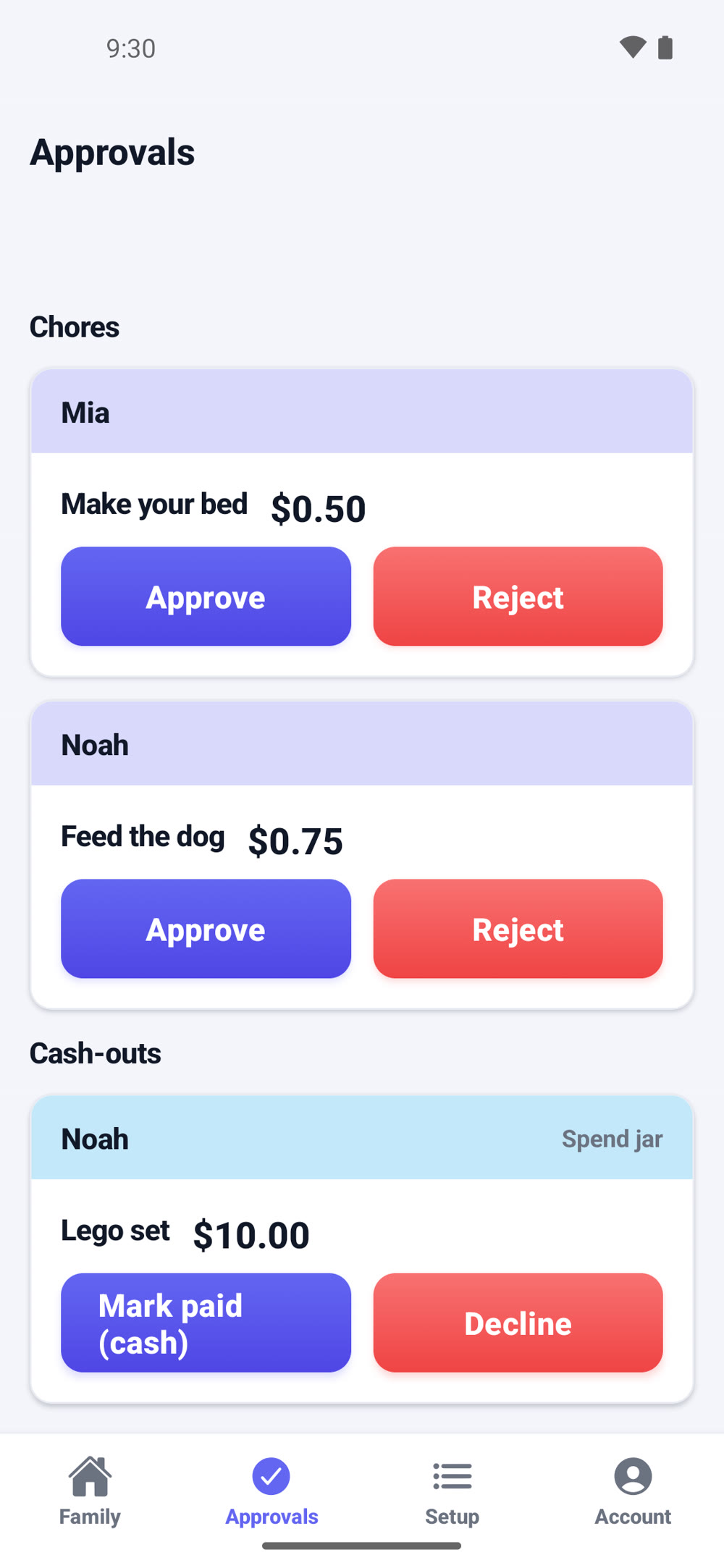 KACA approvals queue with two chores waiting to be approved or rejected and a $10.00 cash-out request from the Spend jar