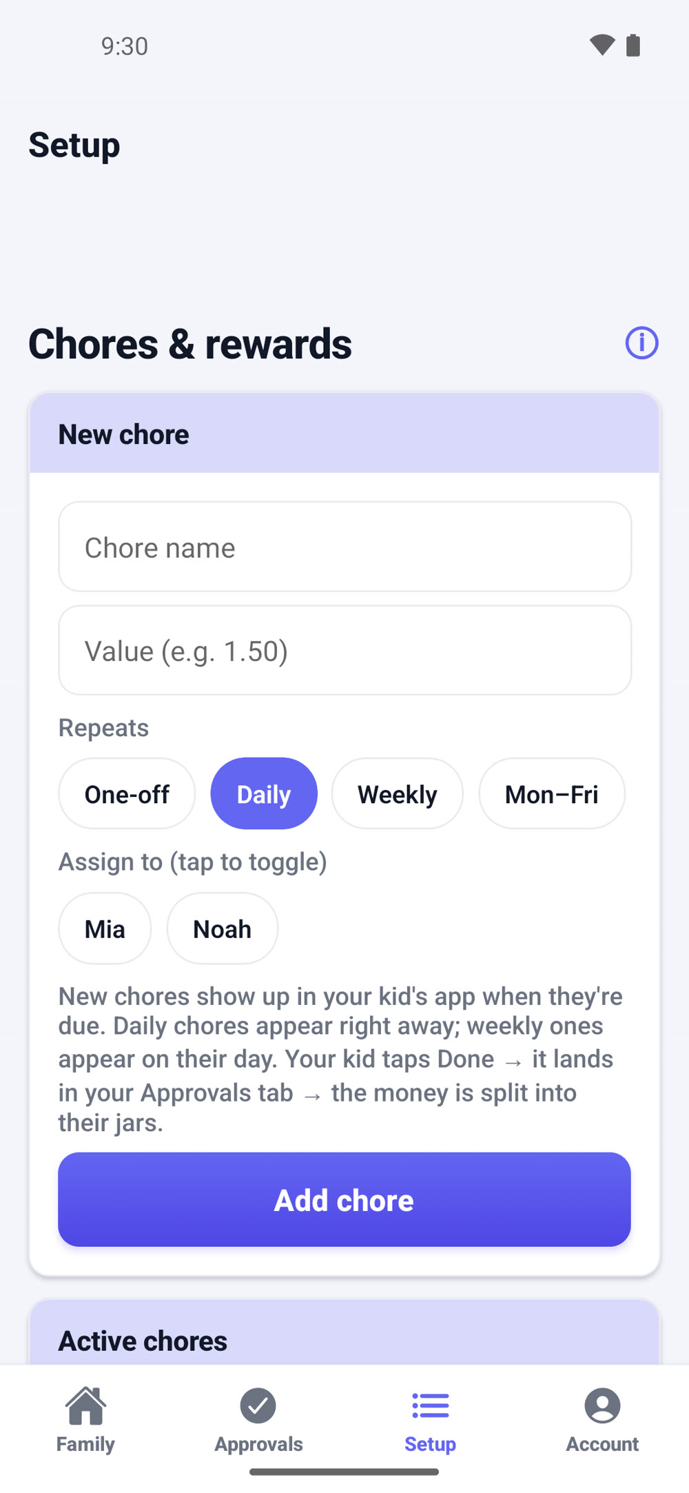 KACA new chore form with a value field, a One-off, Daily, Weekly and Mon-Fri repeat picker, and kid assignment chips