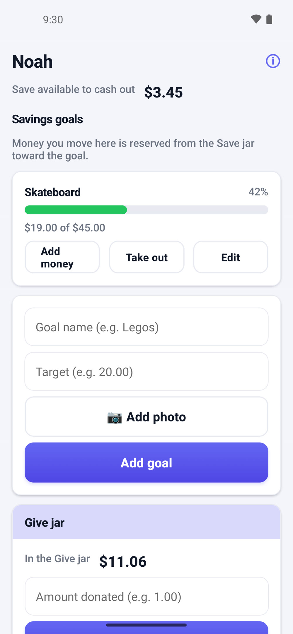 KACA per-kid manage screen showing Save available to cash out and a Skateboard savings goal at 42 percent, $19.00 of $45.00