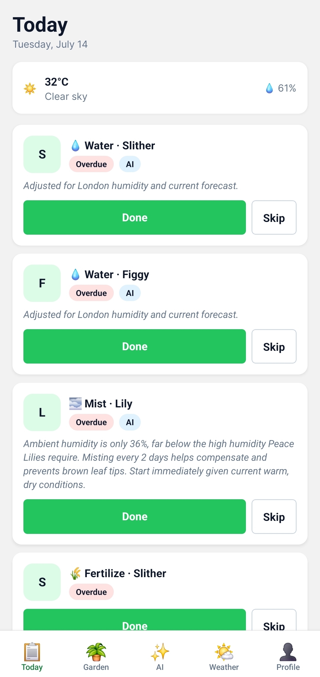 PlantPulse today screen with weather-adjusted watering and misting tasks