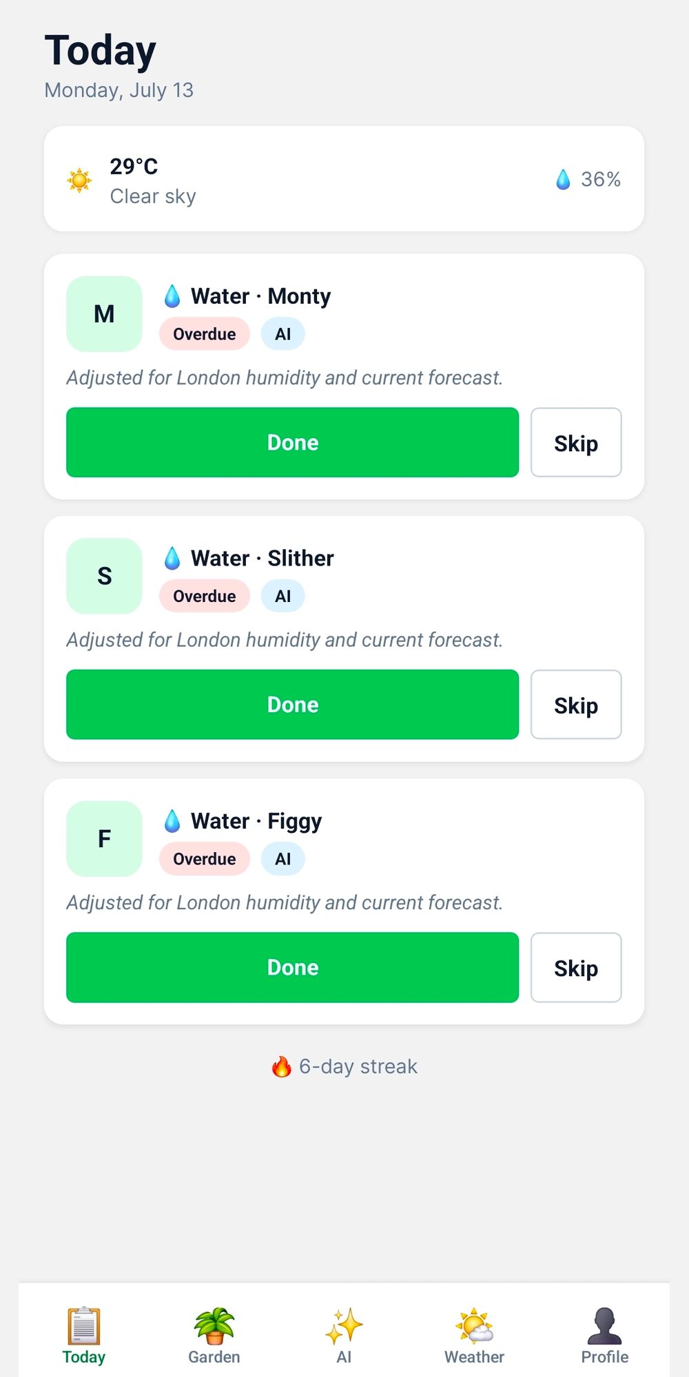 PlantPulse Today screen with weather-adjusted watering tasks and a care streak