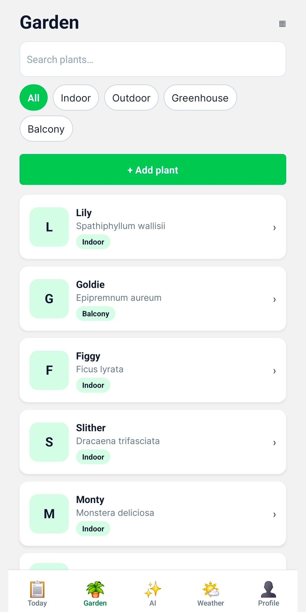 Garden screen listing plants with species names and location tags