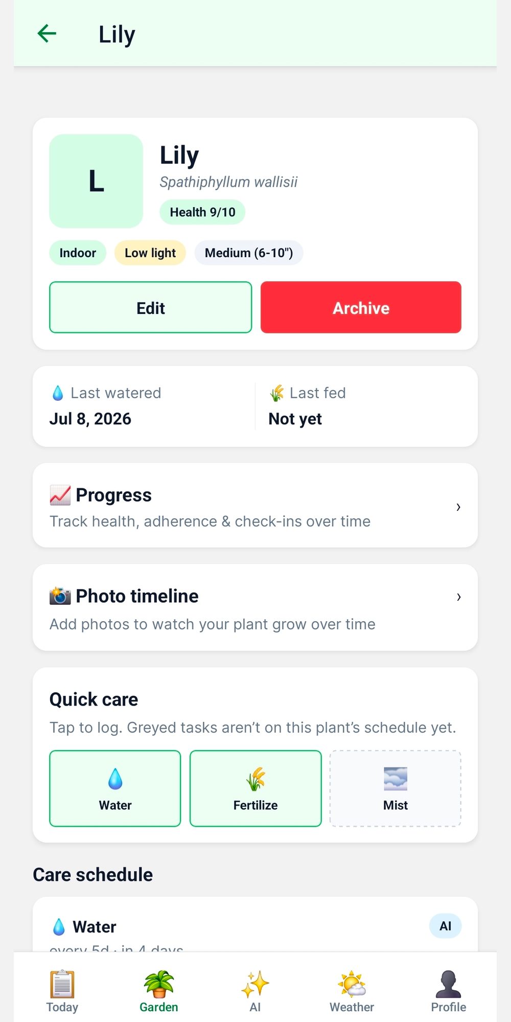 Plant detail for Lily with health score, quick care actions and photo timeline