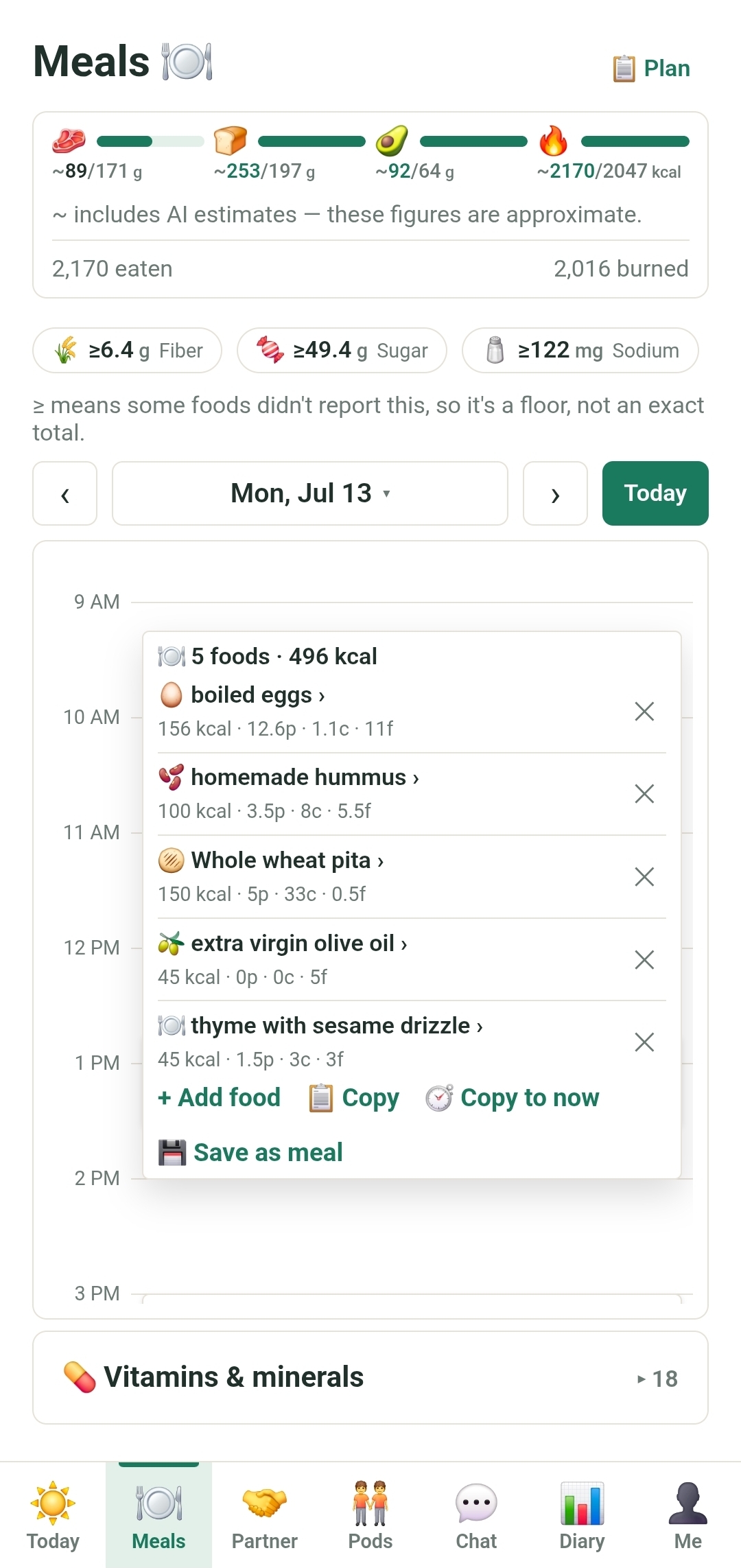 Tandem meal tracking screen showing macros, calories and a shared pod streak