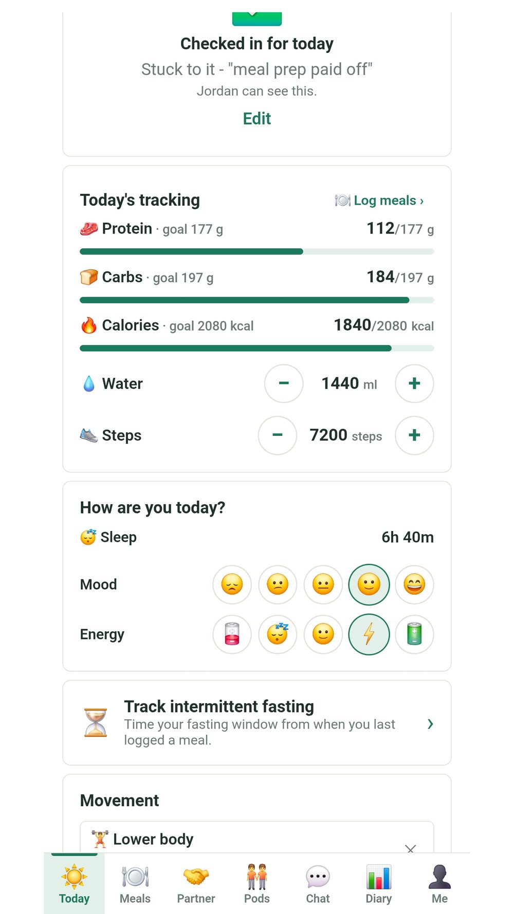 Tandem Today screen: protein, carb and calorie progress, water and steps, plus mood and energy check-in