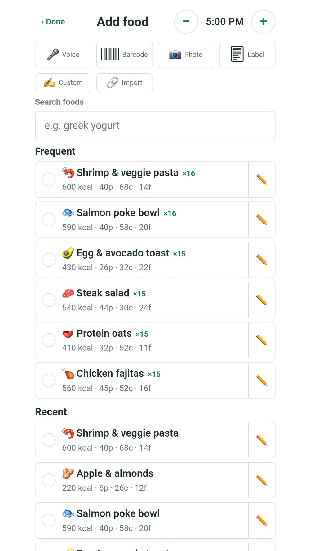 Add food screen with voice, barcode, photo and label logging plus frequent and recent foods