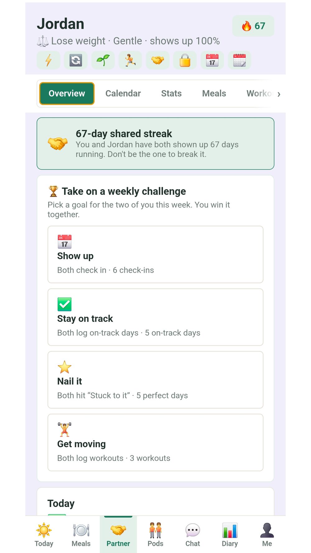 Partner screen showing a 67-day shared streak and weekly co-op challenges