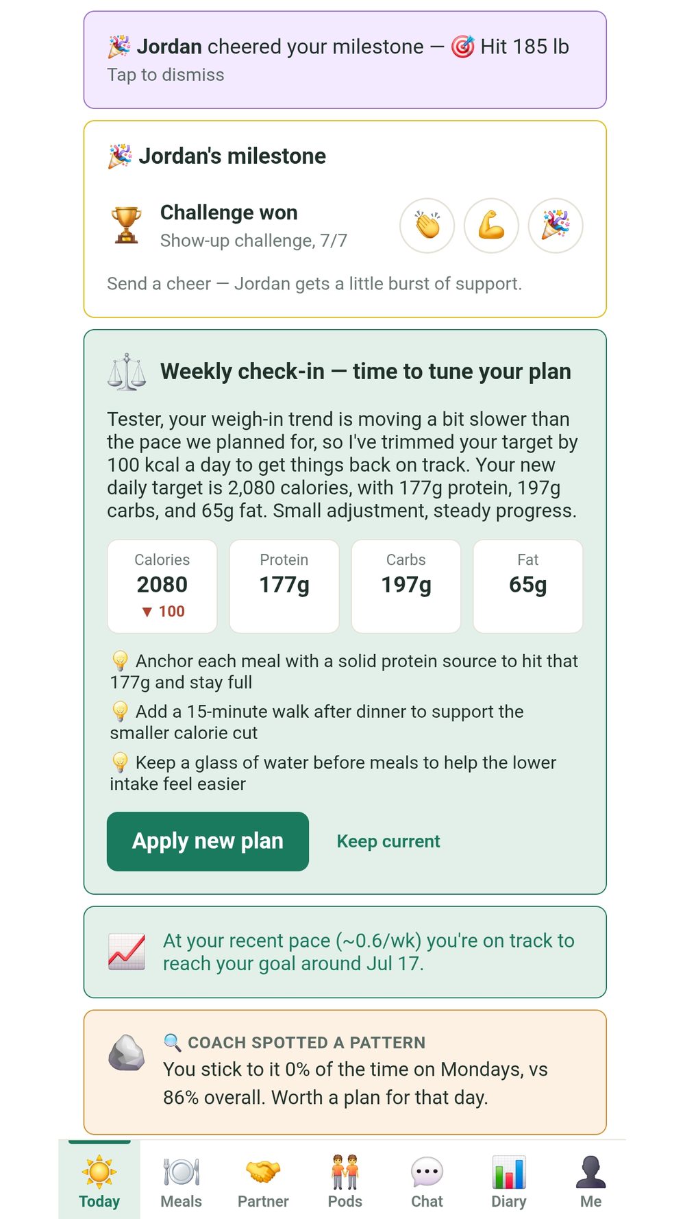 AI Coach weekly check-in adjusting the calorie and macro plan with reasons