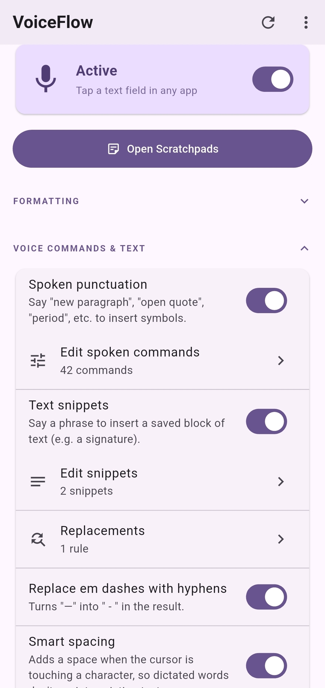 VoiceFlow settings screen showing active dictation and voice command options