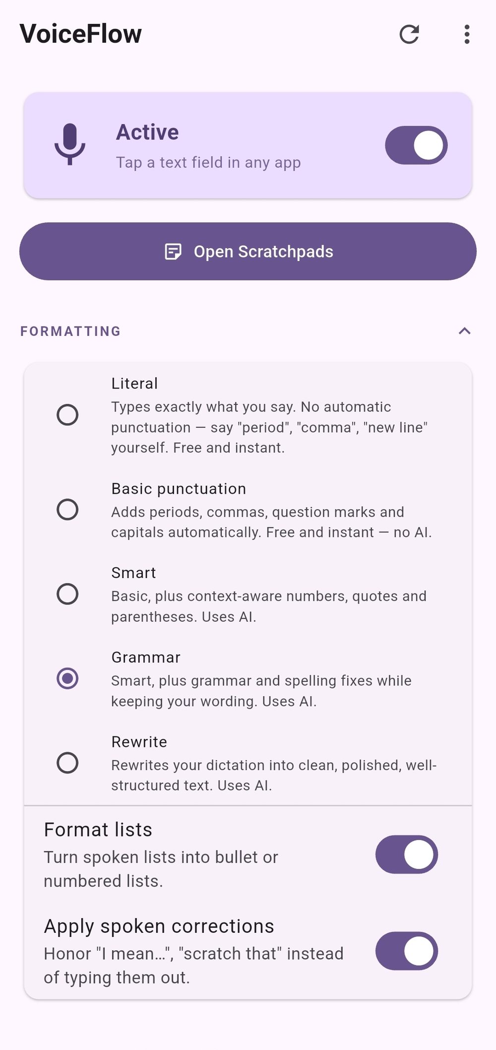 VoiceFlow active with the five formatting levels: Literal, Basic, Smart, Grammar and Rewrite