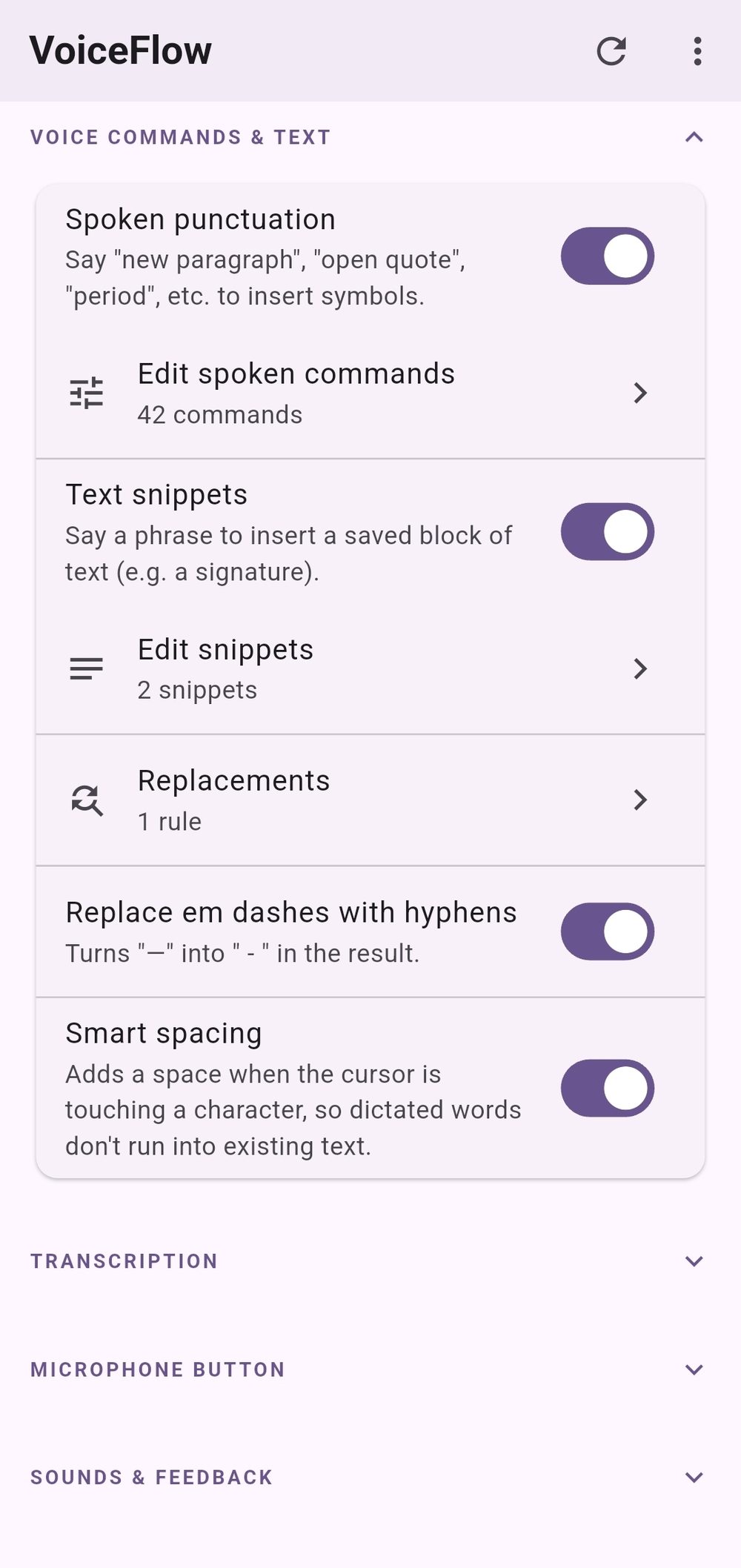 Voice commands and text snippets settings with editable rules and replacements